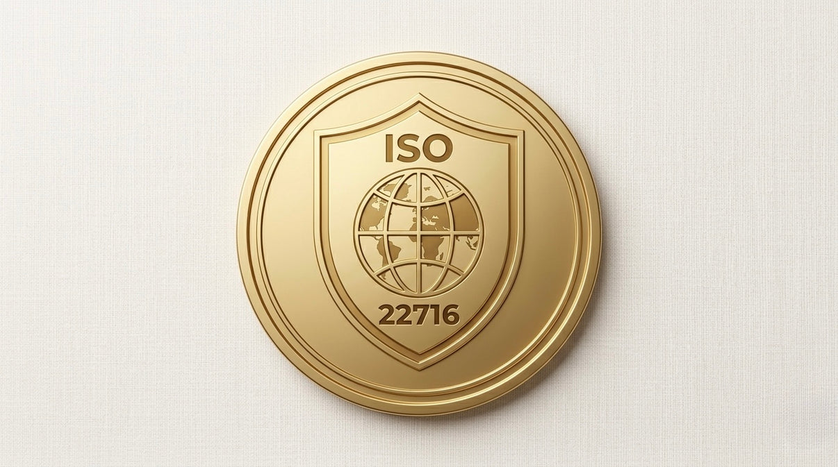 Gold ISO certification badge with number 22716 on a light gray background