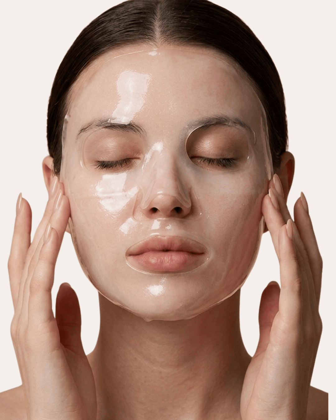 Woman applying a facial mask with a neutral background